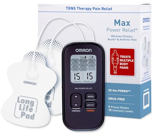 OMRON Max Power Relief TENS Unit Muscle Stimulator for Drug-Free Pain Relief - Portable Electric Massager for Muscles and Joints - Includes 2 Reusable TENS Unit Pads