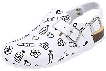 CLINIC DRESS Clog - Clogs Damen bunt weiß Motiv. Schuhe für Krankenschwestern, Ärzte oder Pflegekräfte weiß/schwarz, Health Care 36