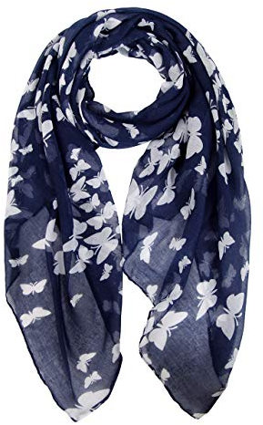 DiaryLook Ladies Women's Fashion Butterfly Print Long Scarves Neck Scarf Shawl Wrap, Navy Blue
