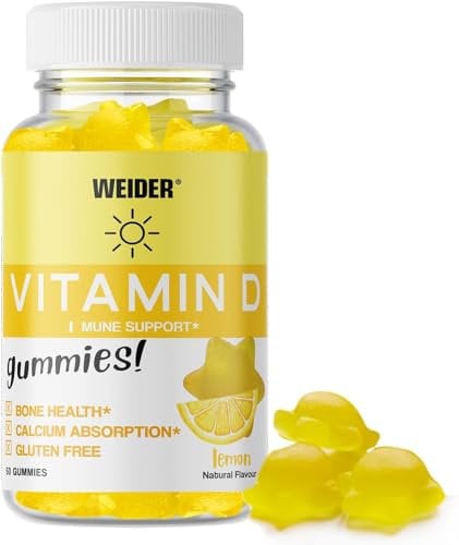 Weider Vitamin D Gummies (50 unidades) Sabor Limón, Gominolas con Vitamina D3 25 µg 1000 UI, Contribuye a la Absorción del Calcio, a la Función Ósea, Muscular e Inmune, Sin Azúcar ni Gluten