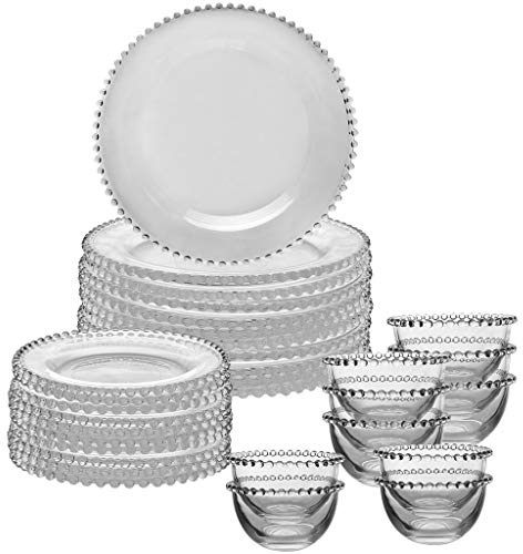 30 Piece Dinner Set - 10 Place Setting Glass Crockery Dining Tableware | Glass Crockery, Aflresco Dining, Beaded Edge, Dinner Plates, Side Plates, Dessert Plates, Bella Perle