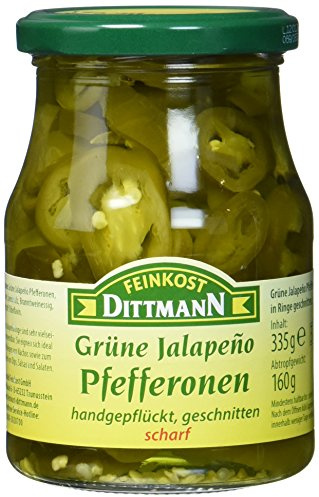 Feinkost Dittmann Grüne Jalapeño-Peperoni, in Ringe geschnitten Glas, 6er Pack (6 x 335 g)