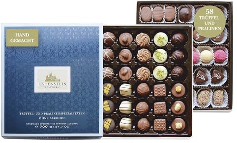 Lauenstein Confiserie Pralinen Auslese, 58 handgefertigte Trüffel und Pralinen ohne Alkohol, 700g, 20 verschiedene Pralinensorten, Geschenkbox zum Verschenken