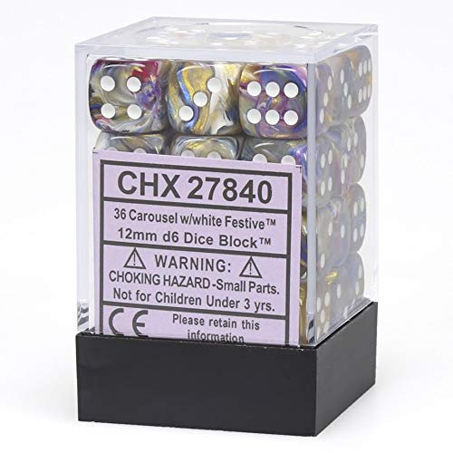 DND Dice Set-Chessex D&D Dice-12mm Festive Carousel and White Plastic Polyhedral Dice Set-Dungeons and Dragons Dice Includes 36 Dice – D6
