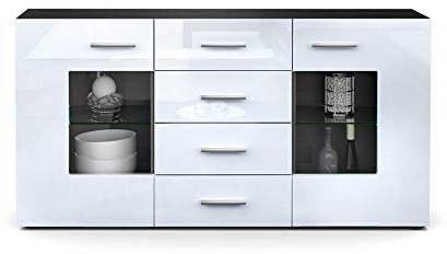 Vladon Sideboard Kommode Grömitz V1, Made in Germany, Korpus in Schwarz matt/Front in Weiß Hochglanz (139 x 72 x 35)