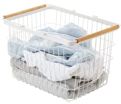 Yamazaki 2809 TOSCA Wäschekorb Medium, weiß, Stahl/Holz, minimalistisch, 41.5 x 31 x 27 cm