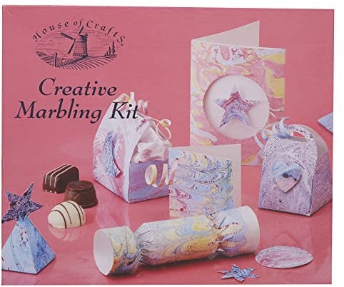 House Of Crafts Creative Marbling, Single Craft Kit Set, Multicoloured, Includes 3 x Marbling Inks, Marbling Tray, Combing Took, 20 Sheets Plain Card, Blank Trinket Box, Size Sachet, Stencil, Glue Pen