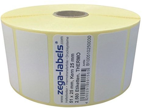 Thermo Etiketten auf Rolle - 51 x 25 mm - 2.580 Stück je Rolle - Kern: 25 mm - aussen gewickelt - permanent haftend - Druckverfahren: Thermodirekt (Drucken ohne Farbband)