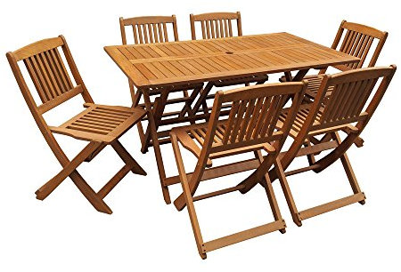 Salon de Jardin Bois Exotique Hongkong - Table Pliante + 6 chaises Pliantes