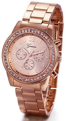 JewelryWe Herren Damen Armbanduhr, Elegant Shiny Business Casual Analog Quarz Edelstahl Armband Uhr mit Strass Digital Zifferblatt, 4 Farben