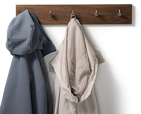 WOODS Hakenleiste Garderobe Holz massiv I Garderobenleiste I moderne Wandgarderobe aus Holz handgefertigt in Bayern I Handtuchhalter I Garderobenpaneel (55cm (5 Haken), Nussbaum, Edelstahl Haken)