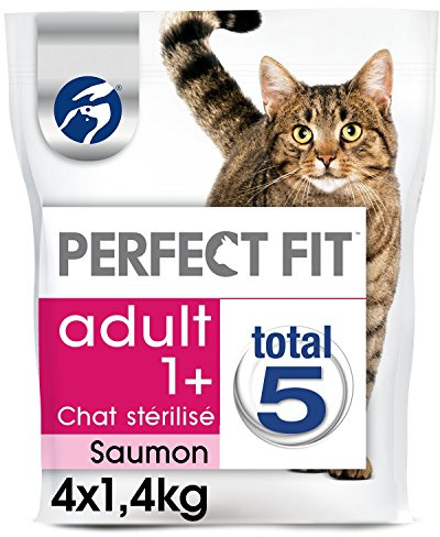 Perfektes trockenes Katzenfutter für erwachsene sterilisierte Katzen, reich an Lachs, 4 Beutel mit 1,4 kg