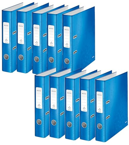 Leitz Qualitäts-Ordner 180°, 10er Pack, A4, schmal, 5,2 cm Rückenbreite, laminierte Graupappe, Blau, WOW Serie, 10060036