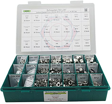Sortiment Muttern Edelstahl V2A 909 tlg. 21 Fächer DIN 934 Sechskantmuttern, DIN 1587 Sechskant-Hutmuttern, DIN 985 Sicherungsmuttern; Material VA V2A A2