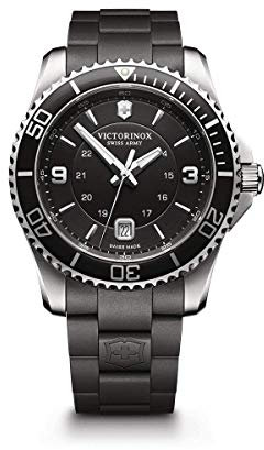 Victorinox Herren Armbanduhr Maverick Large Ø 43mm, Swiss Made, Analog Quarz, Wasserdicht bis 100m, 3-Fach Saphirglas, Kautschuk Armband, Schwarz, 241698