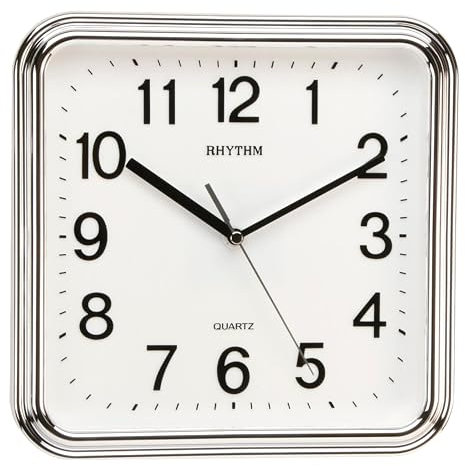 Watching Clocks Rhythm Square Basic Wall Clock with Silent Movement in Silver Color 3D Numerals