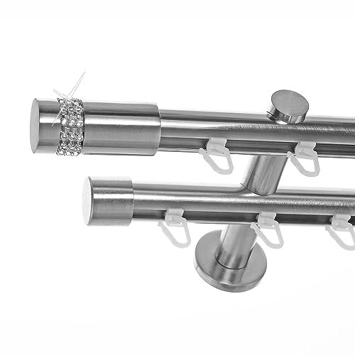 BASIT Gardinenstange 2 läufig Innenlauf Wandmontage 320 cm lang Edelstahl Look Vorhangstange doppelläufig mit Ø20mm Gardinenstangenset zweiläufig H40