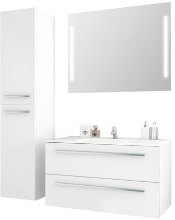 Sieper I Badmöbel Set Libato, Waschtisch mit Unterschrank 90 x 50 cm, Hochschrank und Badspiegel I Weiß