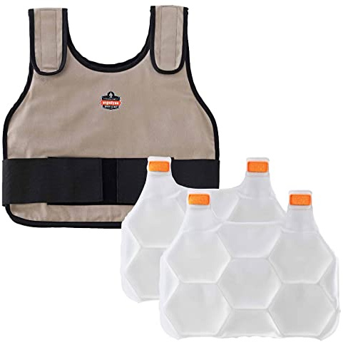 Cooling Vest with 2 Ice Packs, Instant Cooling Relief, Flexible Design, Ergodyne Chill Its 6230,Khaki,L/XL