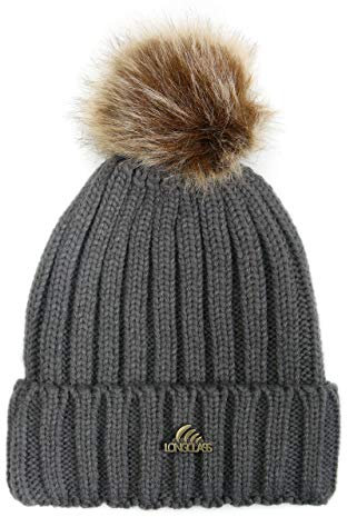 Graue Bommelmütze Damen Strickmütze Bommel Damen grau BOMBOLEO Bommelmütze grau Damen graue Mütze Bommel Strick Mütze Damen graue Strickmütze Damen Wollmütze Damen graue Pudelmütze Bommel Damenmütze