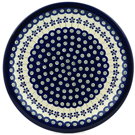 Polmedia Polish Pottery Original Bunzlauer flacher Teller / Pizzateller, Ø27.2 cm, H=3.0 cm, Handbemalt, Steinzeug (hochwertige Keramik), Traditionell, Essschüssel, Teller