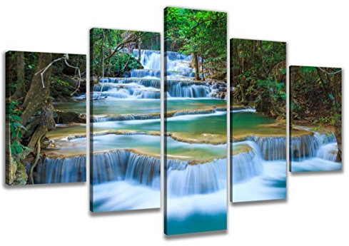 Visario 6308 Bild auf Leinwand Wasserfall Natur fertig gerahmte Bilder 5 Teile Marke original, 200 x 100 cm