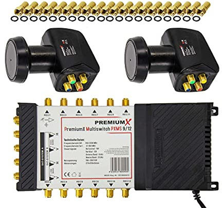 Premium X Multischalter Set 9/12 Multiswitch 2X Quattro LNB 40x F-Stecker, Satverteiler 2 SAT für 12 Teilnehmer HDTV FullHD 4K UHD 8K