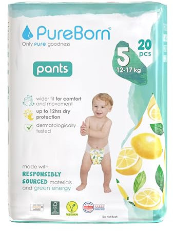 PureBorn 20 Windelhöschen Größe 5 (12-17 kg), Ultra-Saugfähig, Hypoallergen, Weich & Sanft für Babys, Dermatologisch Getestet, Auslaufsicher, Umweltfreundlich aus Bambus