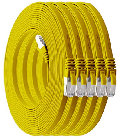1aTTack.de 7,5m - gelb - 5 Stück Cat7 Flachkabel Netzwerkkabel Cat 7 Rohkabel Gigabit Lan (10Gbit/s) Flachbandkabel Verlegekabel Patchkabel Flach Slim Rj 45 Stecker Cat6a