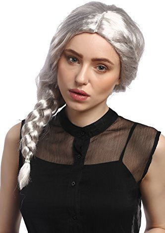 WIG ME UP - 08050A-P309 Perücke Damen Fasching Karneval aufwendig geflochten Zopf Silbergrau Grau Fee