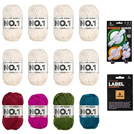 myboshi Pompon Party Wollpaket, Mulesing-freie No.1 Wolle, Mützenanleitung, Label, 12 Knäuel x 50g, Lauflänge 55m, strapazierfähig, filzfrei, Pompon Party 12 Knäuel + Pompon Maker