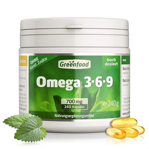 Omega 3-6-9, 700 mg, hochdosiert, 240 Kapseln - OHNE künstliche Zusätze | Reich an EPA, DHA, Für Herz, Blutdruck, Cholesterinspiegel, Laborgeprüft, Ohne Gentechnik, Glutenfrei, Laktosefrei