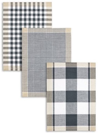 Kracht 3-er Pack Jacquard Geschirrtuch, Halbleinen, Karo sortiert, anthrazit-schwarz-beige, 50x70cm
