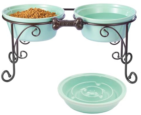 BestVida Elevated Dog Bowls, Dog Bowl Stand for Large Dogs, Raised Dog Bowl with Double Premium Stoneware Bowls (Large, Green)