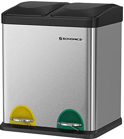 SONGMICS Cubo de basura reciclado, 30 l, con pétalos de flores, de acero, 2 x 15 l, cubo interior extraíble, pétalos de colores, para cocina, salón, plata y negro LTB30L