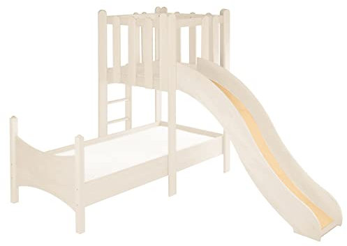 BioKinder Kinder-Spielbett Hausbett Holzbett mit Turm und Rutsche Noah aus zertifiziertem Massivholz Kiefer Naturweiß lasiert 90 x 200 cm