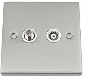 TV Aerial + Sky Satellite Wall Socket - Satin Matt Chrome Square - White Insert
