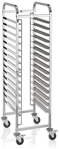 WAS 1954 600 Edelstahl Regalwagen für 15 Backbleche 60cm x 40cm, 4 Schwenkbare Rollen, 62cm Länge, 47cm Breite, 174cm Höhe