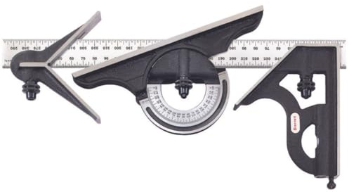 Starrett C435M-300 Winkelmesserköpfe aus Gusseisen mit quadratischen, mittleren und reversiblen Winkelmesserköpfen mit satiniertem Chromklingen-Kombinationssatz, schwarzes Knitterfinish, Größe 300 mm