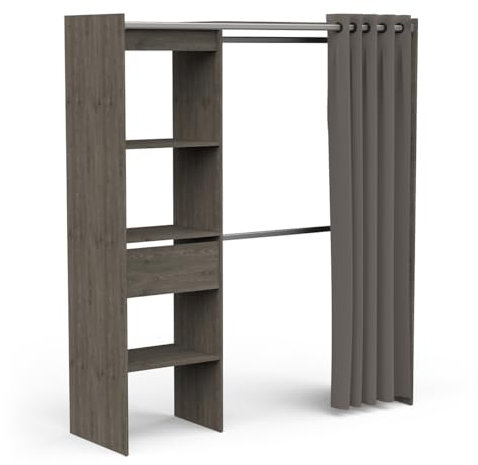 Demeyere Dressing Penderie Extensible Chicago Avec Rideau - 4 Niches et 1 Tiroir - Portant a Vêtement en Chêne Vulcano - Fabriqué en France