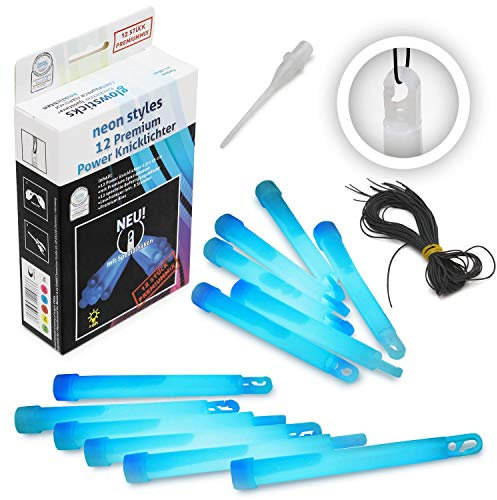 KNIXS 12er Set Premium Power-Knicklichter in blau leuchtend inkl. Spezialhaken und Befestigungsband Party, Festival, Outdoor oder als Dekoration
