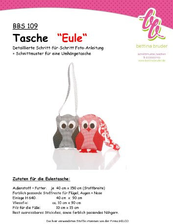 bettina bruder BBS 109 Schnittmuster Tasche Eule mit Fotoanleitung