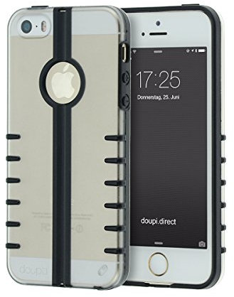 doupi PerfectFit Flip Case für iPhone 5 5S SE, abklapbar als Ständer, Staubschutz eingebaut mit Staubstöpseln Matt Clear Schutz Hülle Schale Bumper Cover, schwarz