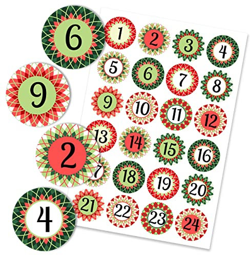 Papierdrachen 24 Adventskalender Zahlen Sticker - rot grüne Sterne Nr 17 - Aufkleber 4 cm - zum Basteln und Dekorieren