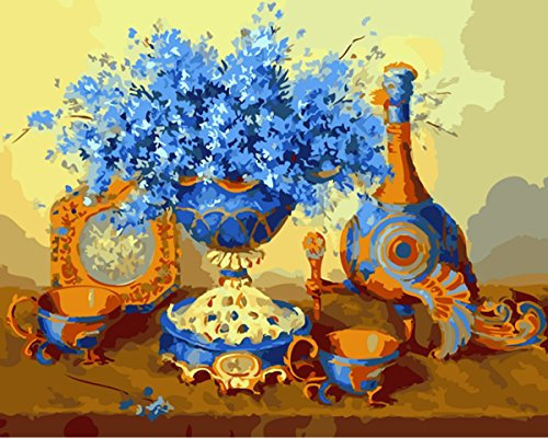 YEESAM ART Neuheiten Malen nach Zahlen Erwachsene Kinder, Blau Blumen Vase 40x50 cm Leinen Segeltuch, DIY ölgemälde Weihnachten Geschenke