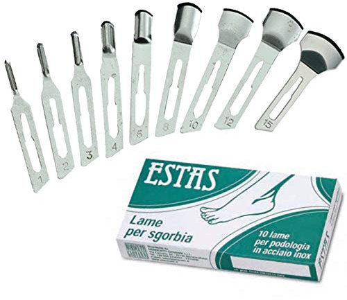 10 LAME BISTURI ESTAS PER SGORBIA MANICO A VITE ACCIAIO INOX PEDICURE ESTETICA (N° 4)