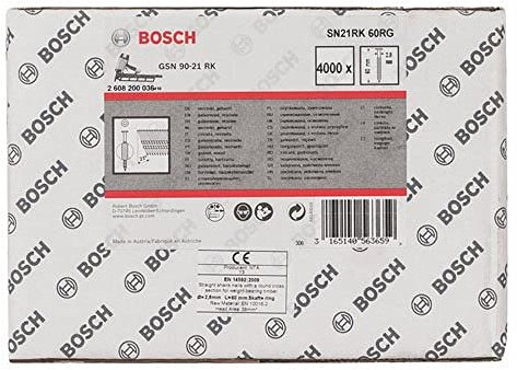 Bosch Professional 4000x Rundkopf-Streifennägel 21° SN21RK 60RG (2.8 mm, 60 mm, gehartzt, verzinkt, gerillt, Zubehör für Nagelpistolen, Druckluftnagler)