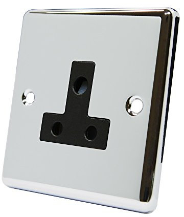 Polished Chrome Classical Round Pin 5 Amp Socket Black Insert - 5 Amp 1 Gang Round Pin Unswitched Plug Socket