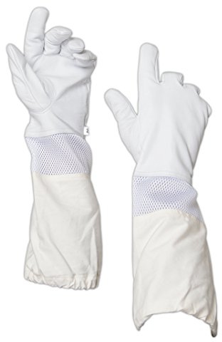 Skogsbiodling premium getskinn läder biodlarhandske med vit ventilation lång canvasärm med elastisk manschett (M)