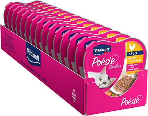 Vitakraft Poésie Création, Nassfutter Katze, Katzennassfutter in Sauce, mit Huhn und Gartengemüse, Vorratspackung, ohne Zusatz von Zucker und Getreide (15x 85g)